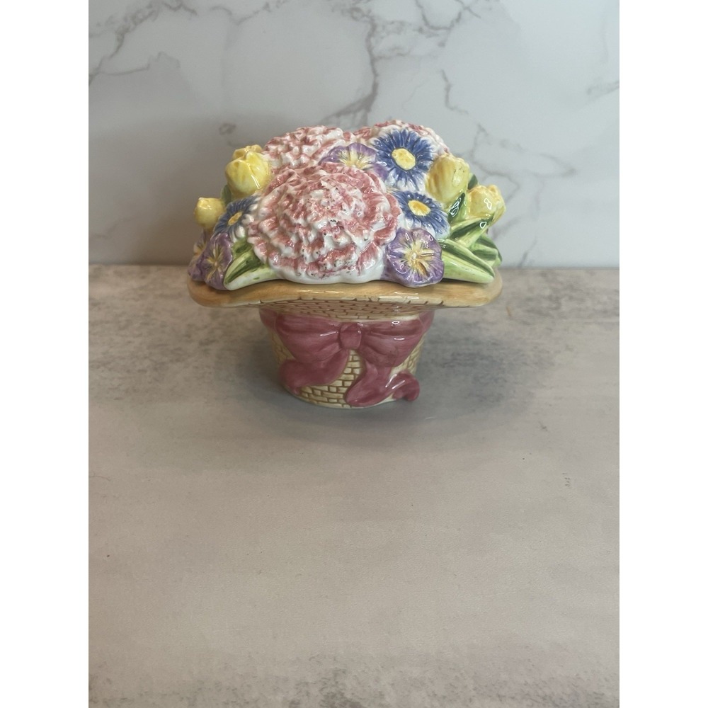 Vtg Rare Fitz And Floyd Springtime Flowers In Basket Trinket Dish 3.5" tall